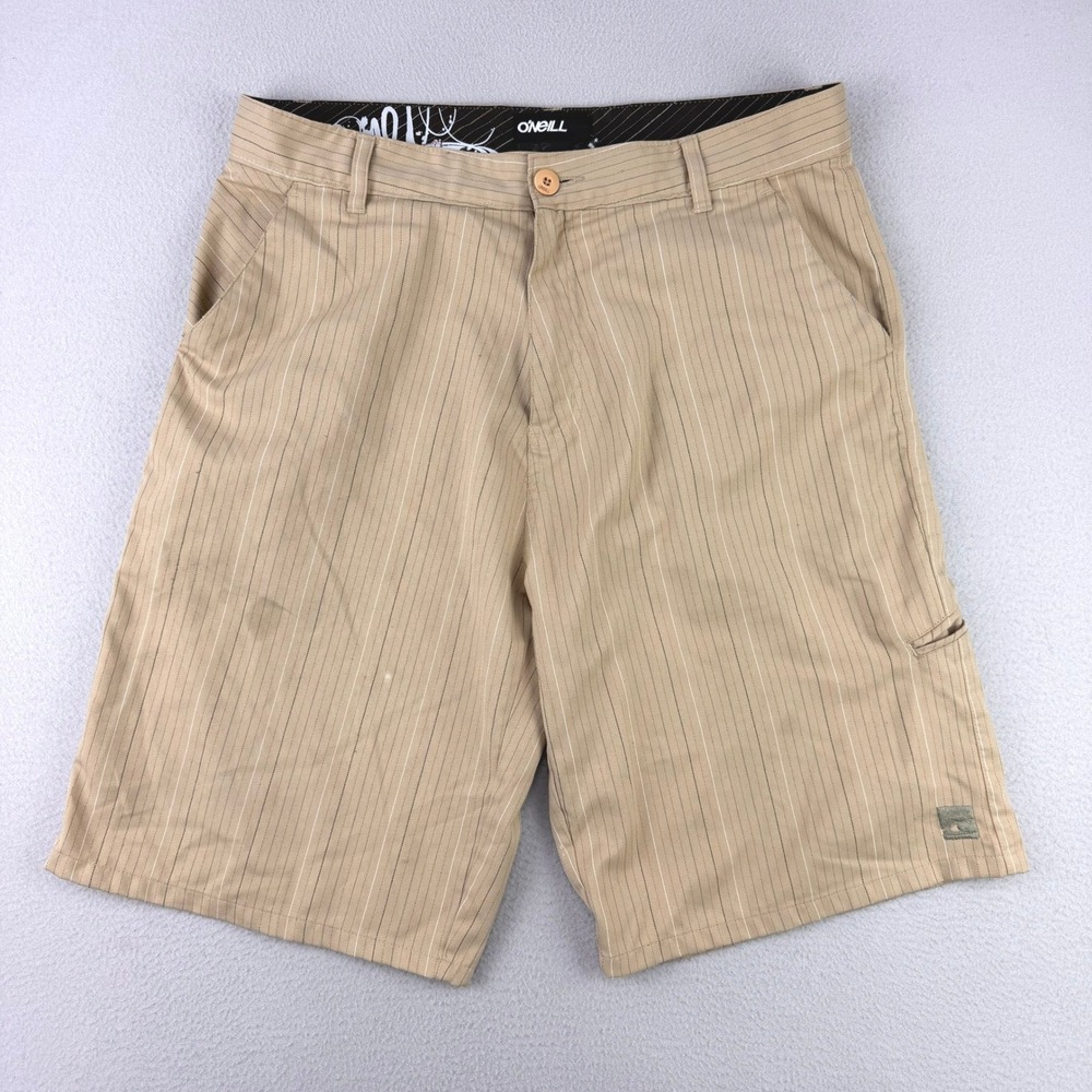 Vintage O'Neill Baggy Chino Shorts Mens 34 Tan Pin Stripe Y2K Long Skater Loose‎